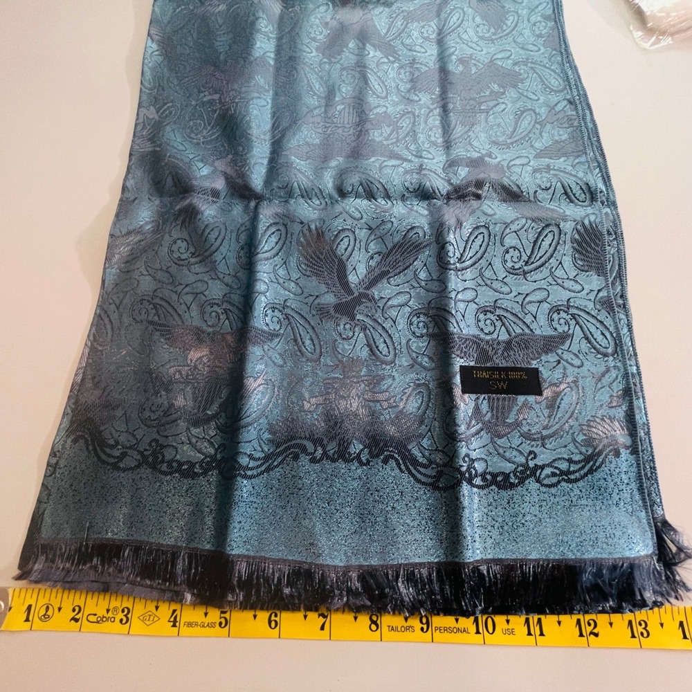 New Thai Silk Paisley Eagle Fringed Scarf OS Teal Blue Elegant Light Wrap 70"